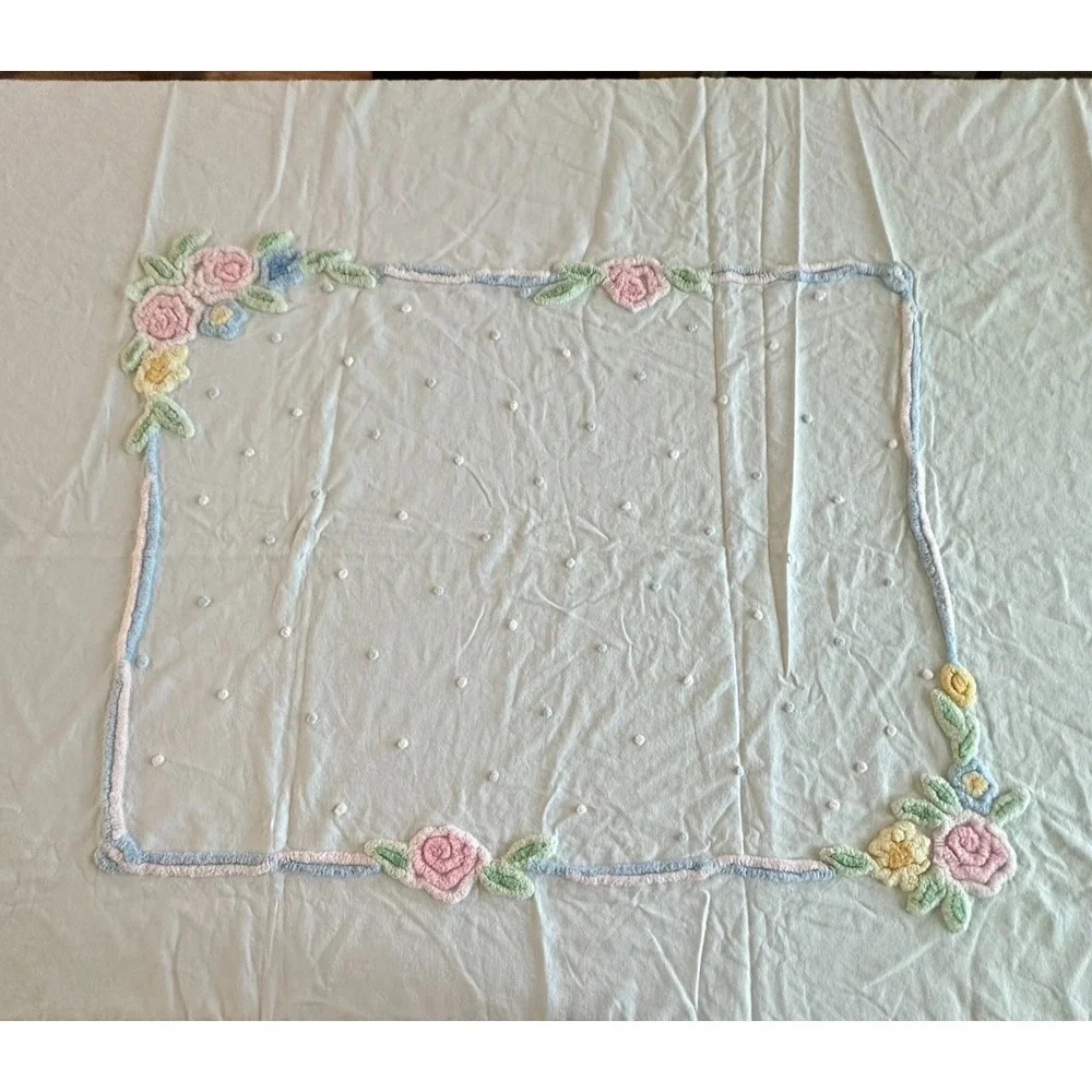 Vintage Hand Embroidered Tablecloth 72x49 Floral Pink‎ Green Yellow Rectangle